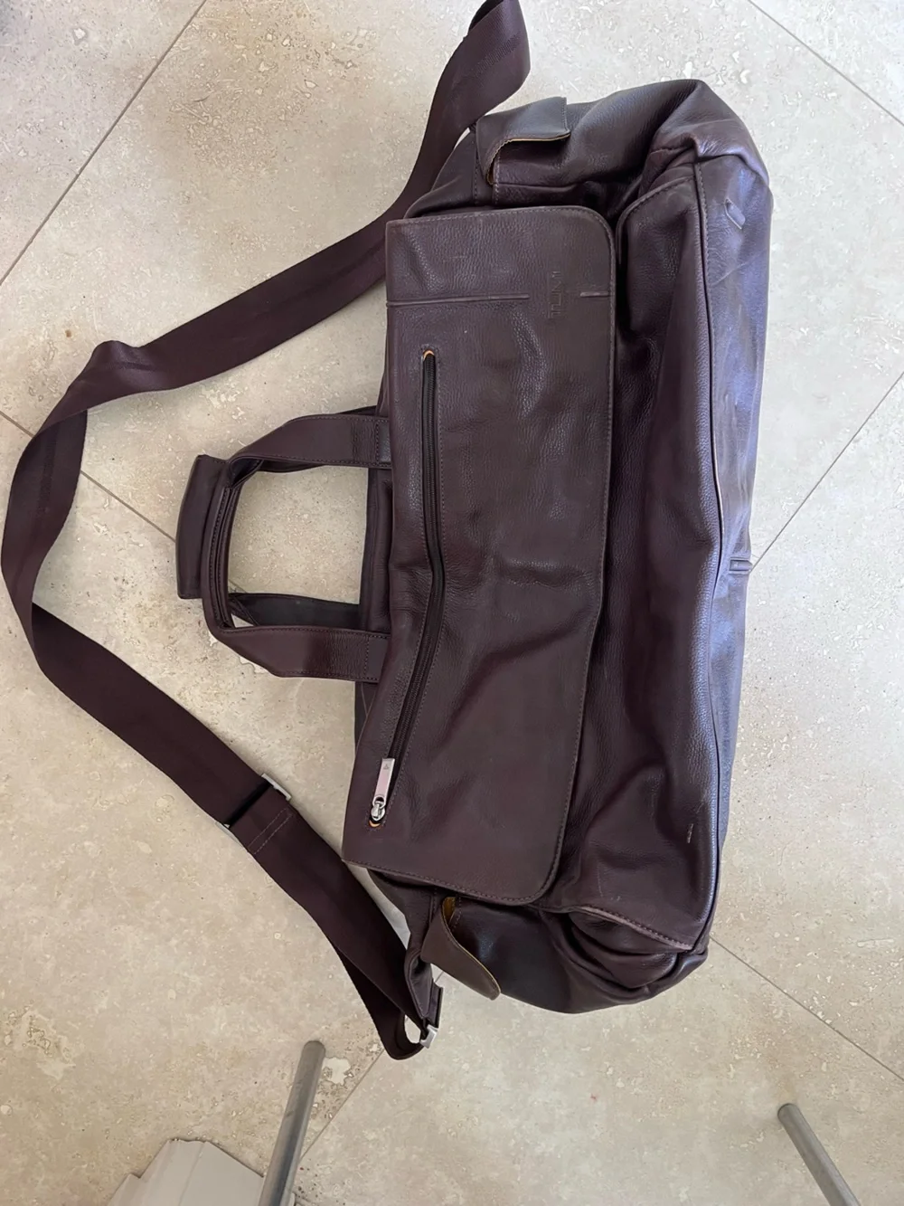 Tumi Dark Brown Leather Duffel Bag with Adjustable Strap